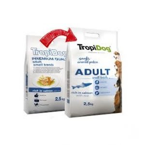 TROPIDOG PREMIUM ADULT SMALL BREEDS RICH IN SALMON, WITH RICE 2,5kg