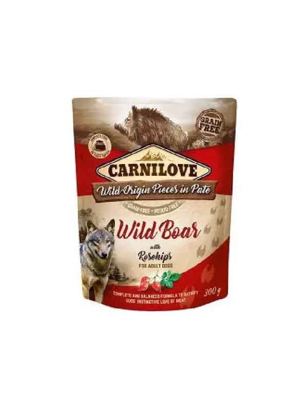 91483711cac374b4f09118725c05df7a.webp Carnilove Dog Dzik i owoce róży 300g karma mokra